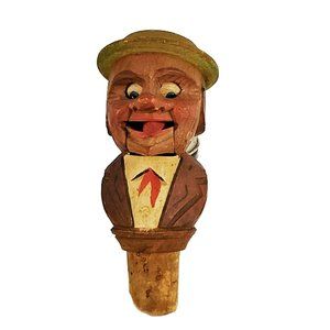 Vintage ANRI Hand Carved Mechanical Wooden Bottle Wine Stopper Hand Painted